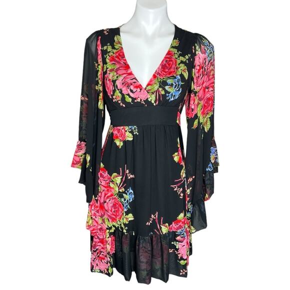 Betsey Johnson Boho Dark Floral Printed Flowy Mini Dress size 6 - Picture 1 of 6